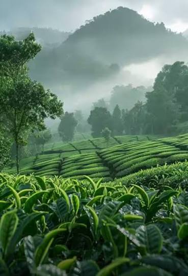 Misty tea garden in the hills of Assam